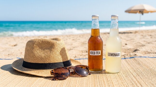 Straw hat sunglasses and cold glass bottles on sandy beach by the sea with summer vacation tropical holiday seaside relaxation beach accessories refreshing drinks