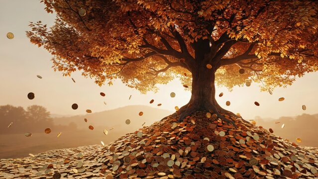 Money tree with gold coins falling and piling around the base, symbolizing financial growth and wealth