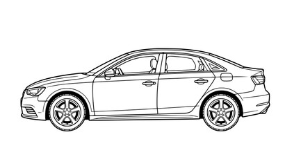 Naklejka premium Modern Sedan Car Side View Linear Vector Coloring Page Illustration