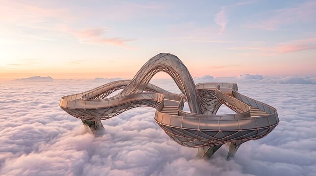 Futuristic parametric wave pavilion structure floating above clouds at sunset architecture