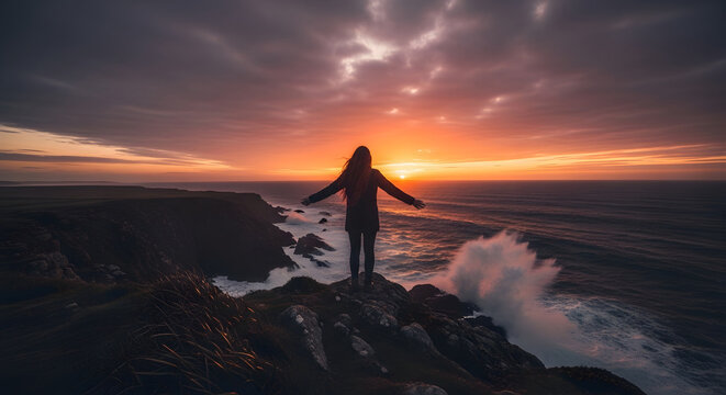 Silhouette of Person Standing on Rocky Coast at Dramatic Sunset