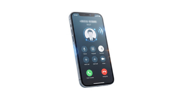 Smartphone displaying an incoming call screen with contact icon and call action buttons.