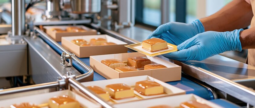 Worker placing caramel candies on conveyor line in factory