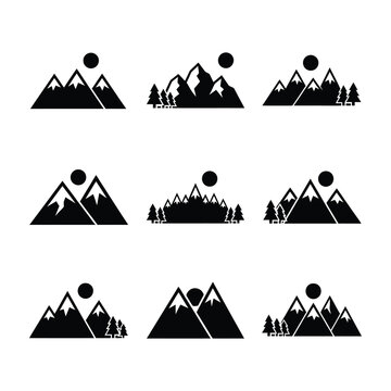 mountain landscape silhouette icons set with sun and trees