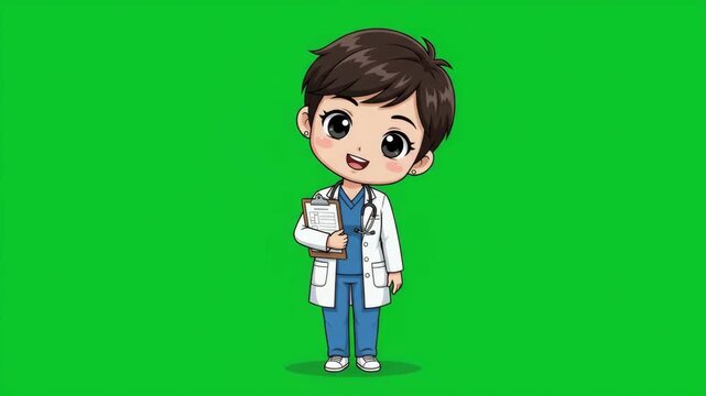 Cute cartoon doctor character in medical uniform with stethoscope and clipboard on green screen background.