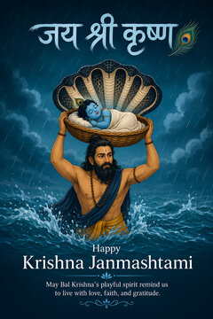 Vasudeva Carrying Baby Krishna Across River Yamuna Under Sheshnag for Janmashtami Poster