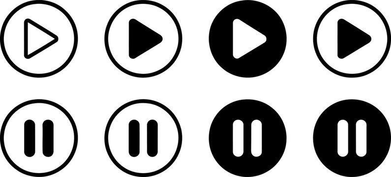A collection of eight play and pause media control icons, featuring both outline and solid black circle button.