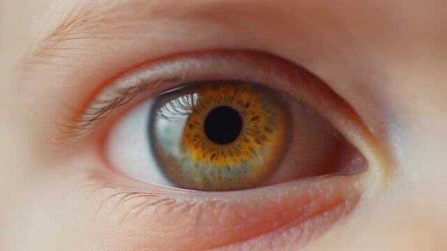 Extreme macro footage of a single beautiful healthy baby eye, luminous warm amber iris for National Hispanic Heritage Month and World Sight Day