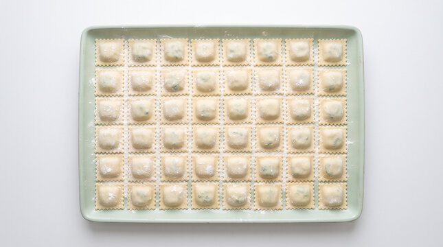 close up of unbaked cheese filled pastries in a grid on a rectangular green tray, soft overhead lighting