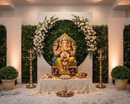 Traditional Ganesh Chaturthi celebration decoration with Lord Ganesha idol floral backdrop diyas festive home temple puja ceremony Indian festival.