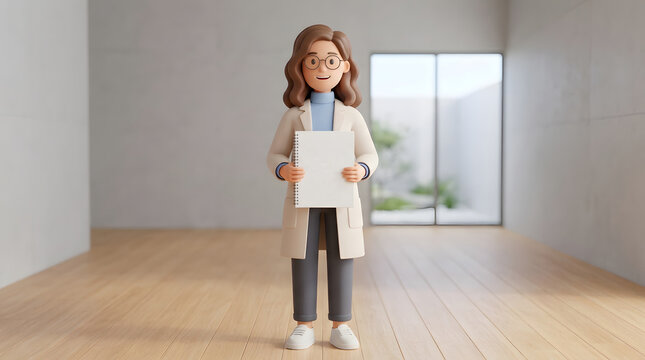 3D female criminologist holding a blank document folder in a modern office interior.