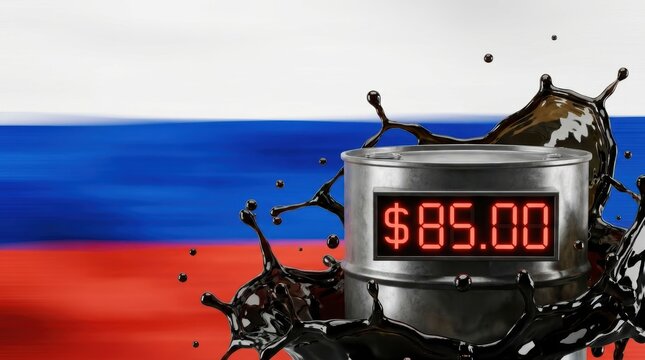 A metal oil barrel with a digital display showing 85 00 surrounded by black liquid splashes