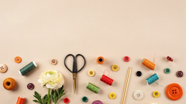 Flat lay of colorful sewing and craft supplies with a ranunculus flower on a beige background