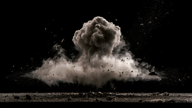 A cloud of dust and debris erupts against a black background, suggesting an impact