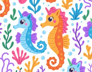 Fototapeta premium Seamless pattern featuring cute cartoon seahorse unicorns with colorful fins and horns surrounded by seaweed, coral, and bubbles on white