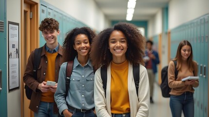 Obraz premium A diverse group of joyful students walking down a school hallway, showcasing friendship and academic life.