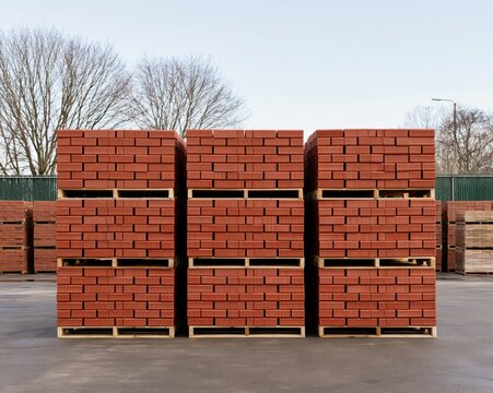 Stacked red bricks on wooden pallets in outdoor storage yard