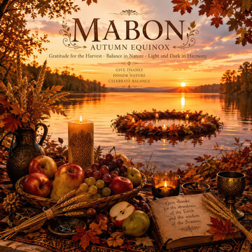 Mabon Autumn Equinox Harvest Celebration with Candles Fruits and Fall Leaves