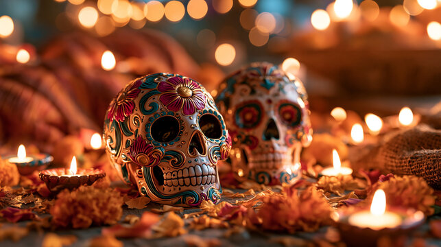 Vibrant D&iacute;a de los Muertos celebration scene, a pair of ornately painted ceramic skulls decorated with swirling floral motifs in bright magenta, teal and gold, surrounded by scatte