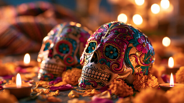 Vibrant D&iacute;a de los Muertos celebration scene, a pair of ornately painted ceramic skulls decorated with swirling floral motifs in bright magenta, teal and gold, surrounded by scatte