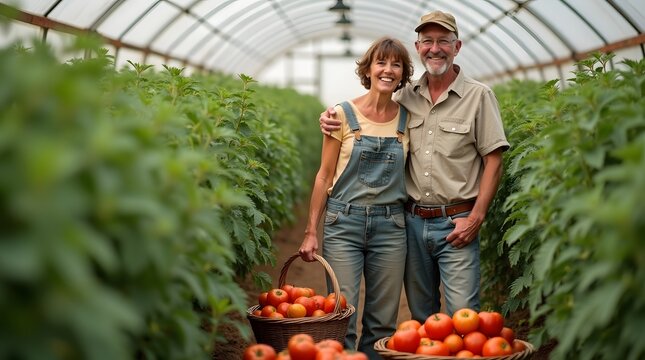 A joyful couple, a Caucasian man and woman, stand together in a greenhouse filled with ripe tomatoes, embracing their farming success.