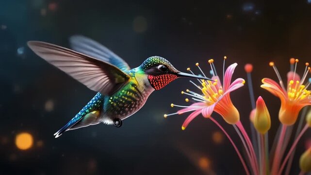 Hummingbird Feeding on Flower Tiny Bird, Nature's Beauty, Macro Photography