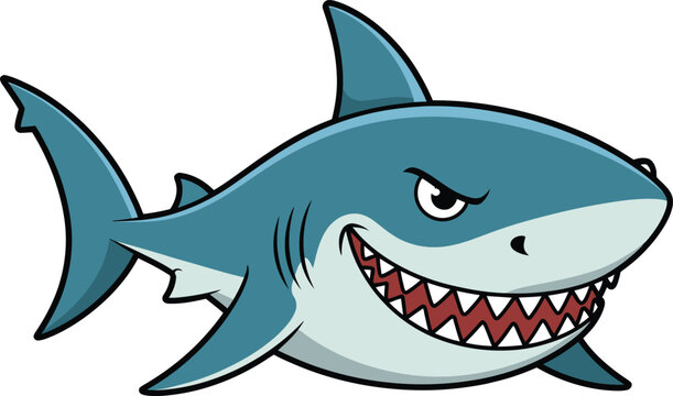 Blue cartoon shark with open mouth, sharp teeth, and fin, isolated on white background