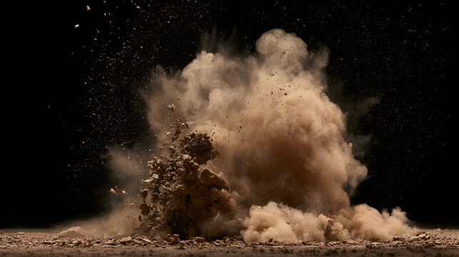 A swirling cloud of dust and debris rises against a backdrop of darkness, signaling impact