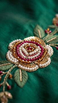 Luxury floral embroidery with pearls, beads, and sequins on green silk fabric. Detailed handmade rose pattern close up for high-end fashion design and garment decoration in workshop.