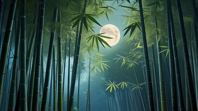 Mysterious Full Moon in a Serene Bamboo Forest at Night