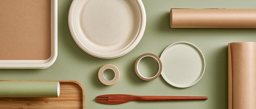 Sustainable packaging materials arranged on green background with wooden fork and tape rolls