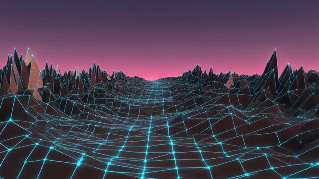 Retro Futuristic Landscape Neon Grid Path Through Wireframe Mountains
