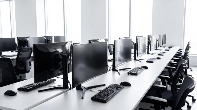 Light open space office with rows of white desks and black computer monitors. Minimalist workspace interior with big windows, ergonomic chairs, and modern technology equipment