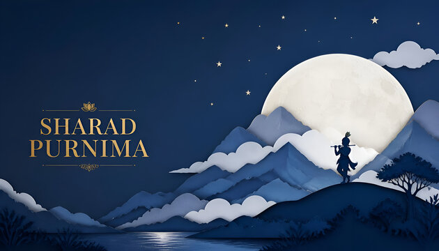 Sharad purnima celebration greeting with full moon glowing over mountain landscape and flute playing silhouette illustration night sky hindu festival autumn festiv