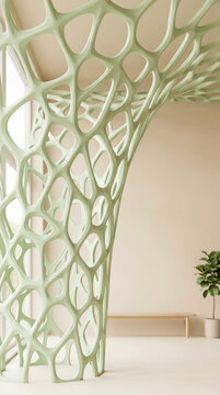 Abstra Modern Architectural Sculpture in Minimalist Interior Background Featuring Parametric Organic Lattice Design and Soft Pastel Green Tones