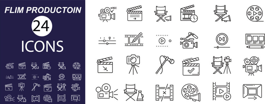 Take Marker Recording Session Marking Web Icon Set in Linear Style. Collection of Scene Marking line icons, including clapper board, audio waveform, film reel, timer clock, camera lens and more, film