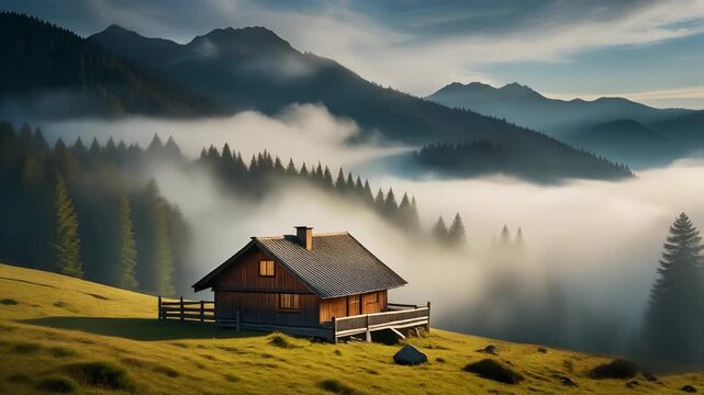 Idyllic Alpine Cabin Nestled in Misty Mountains, Forest  Sunrise Serenity