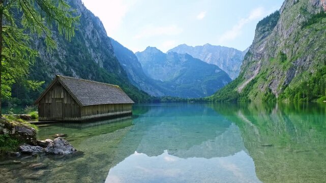 A boat hangar rests beside Obersee Mountain Lake in the Alps of Bavaria, Germany. The clear water reflects the surrounding mountains. Nature surrounds this scenic spot ideal for relaxation.