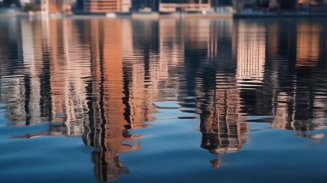 City Skyline Reflection in Calm Water - Modern Buildings Mirrored on Surface