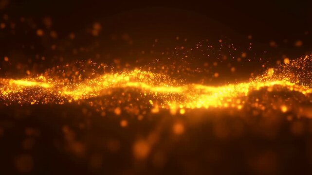 Golden particle wave flows through a dark abstract light field. Title sequence, technology presentation, and luxury branding.