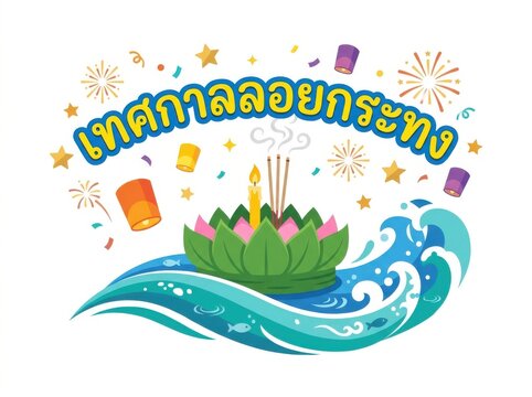 Loy krathong festival celebration with traditional lotus shaped float, candle, incense, floating lanterns and fireworks on water wave background