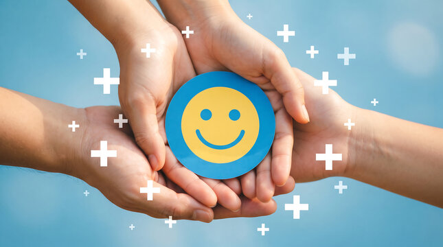 Hands United Holding Smiley Emblem Representing Health and Wellbeing.