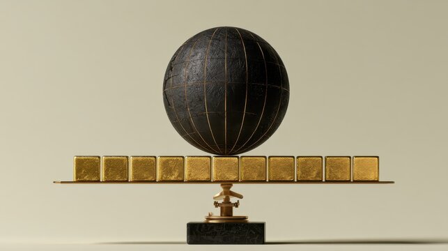 Elegant balance of a globe and gold bars showcasing concepts of wealth, trade, and global economy against a soft, neutral background