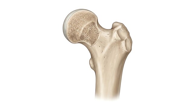 Femoral neck and head anatomy medical illustration showing human hip joint structure