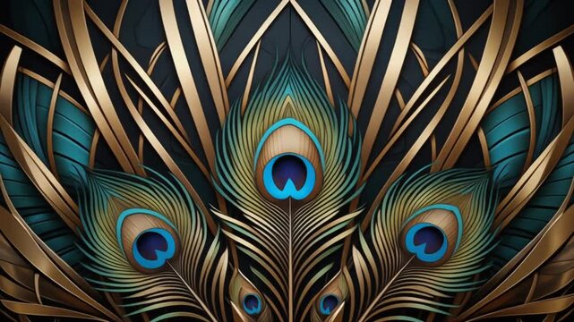 Art Deco Peacock Feather Pattern with Gold and Teal Accents
