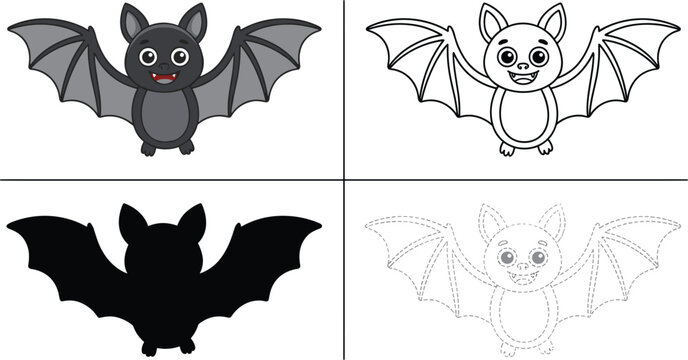 Cute bat vector character activity worksheet with coloring page silhouette and dot to dot template