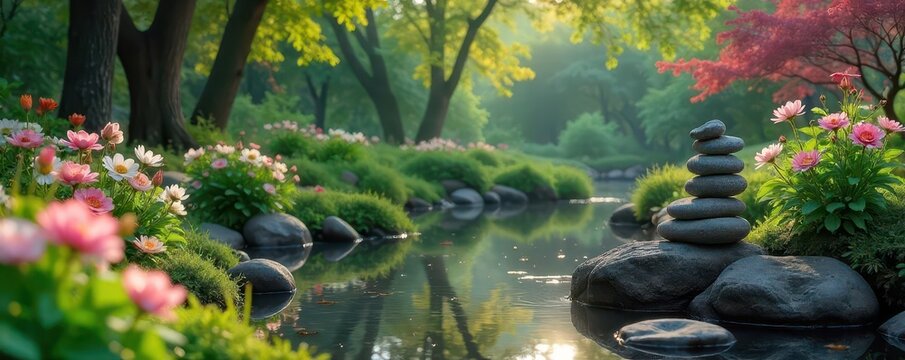 A serene meditation scene in a peaceful garden with blooming flowers and a tranquil pond , serene, relaxation