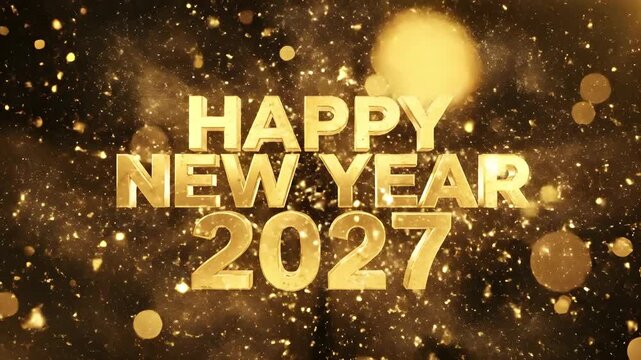 HAPPY NEW YEAR 2027 text revealed by flowing gold liquid streams and glowing particles for nightclub event screens