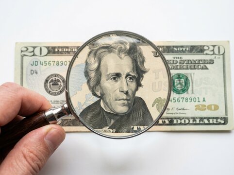 A hand holding a magnifying glass over the portrait of andrew jackson on a twenty dollar bill isolated on white background
