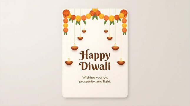 A beautiful vertical greeting card design for the festival of diwali featuring hanging oil lamps and traditional marigold flower decorations on white